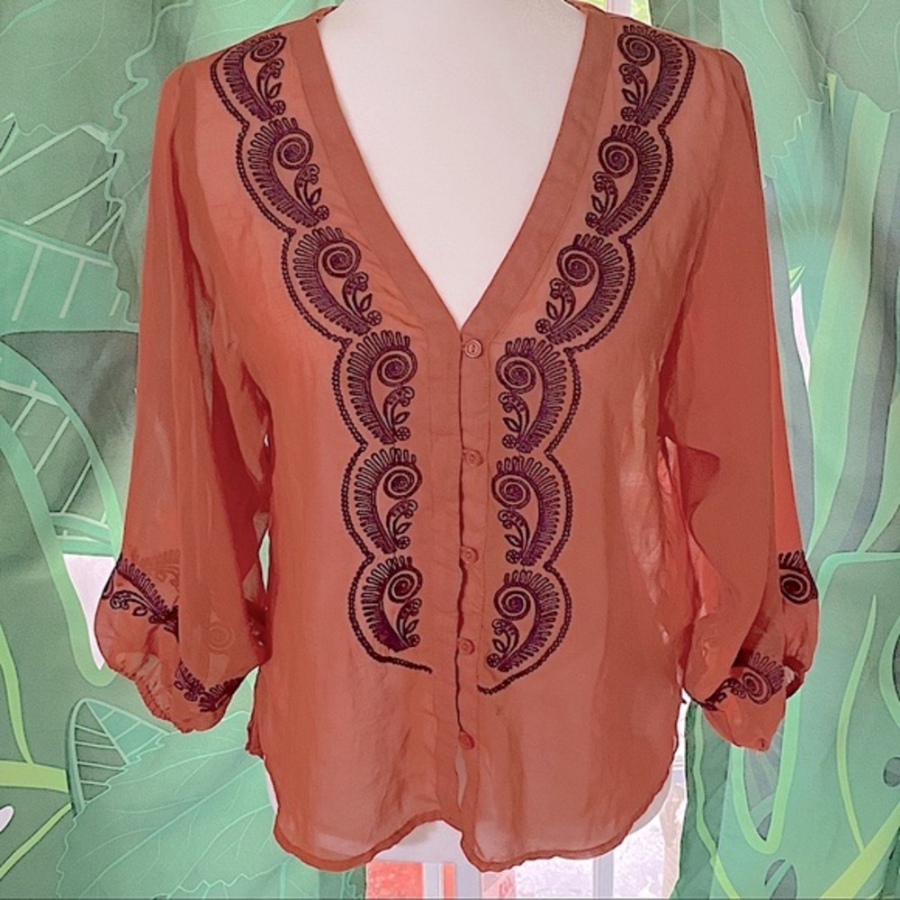 3/20* 3/4 Sleeve Semi-Sheer Orange Boho Blouse